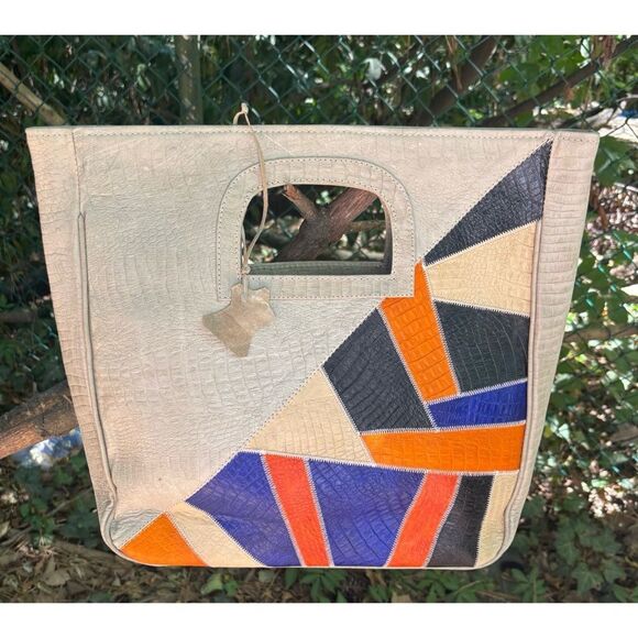 Vintage 1970’s Italian Croc Embossed Leather Patchwork Carry On Large Tote - Picture 6 of 14